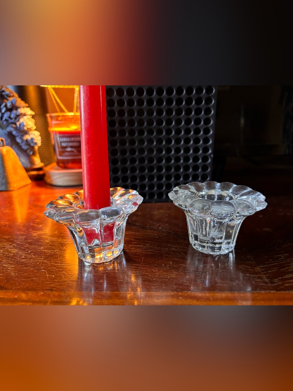 Clear Glass Floral Taper Candle Holders - Set of 2 vintage